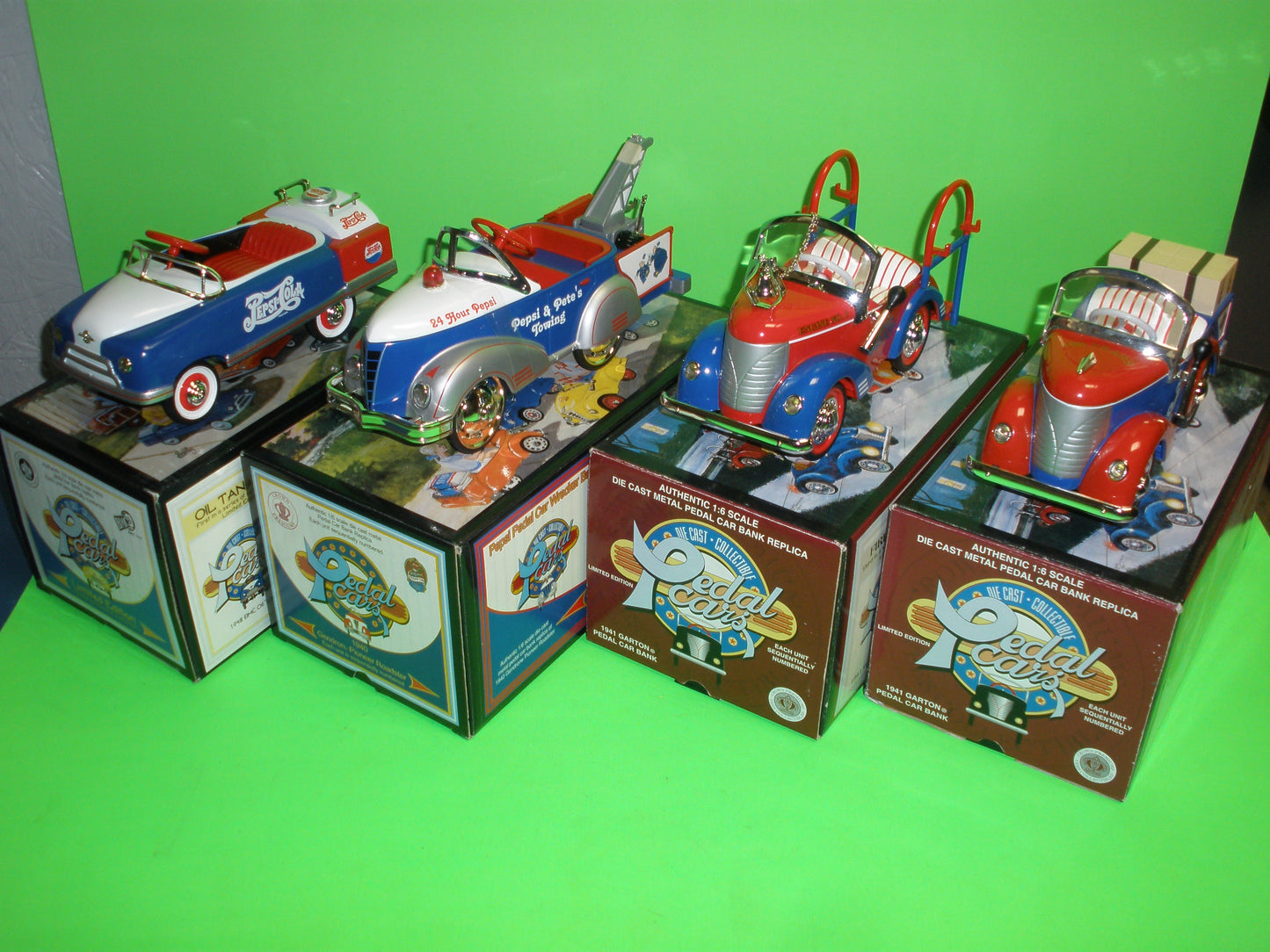 Pepsi Pedal Car Set of 4 - 1948 BMC Tanker, 1940 Gendron Pioneer Wrecker, 1941 Garton Fire Truck & 1941 Garton Package Delivery