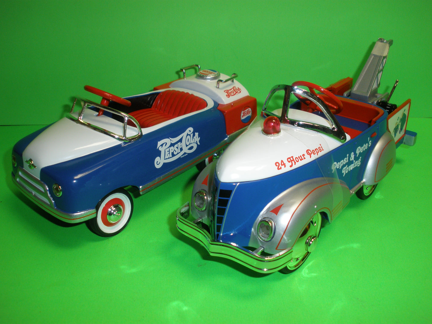 Pepsi Pedal Car Set of 4 - 1948 BMC Tanker, 1940 Gendron Pioneer Wrecker, 1941 Garton Fire Truck & 1941 Garton Package Delivery