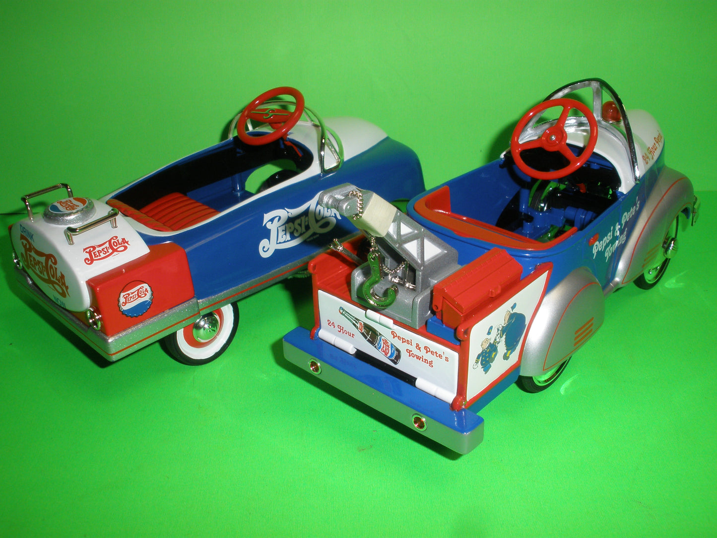 Pepsi Pedal Car Set of 4 - 1948 BMC Tanker, 1940 Gendron Pioneer Wrecker, 1941 Garton Fire Truck & 1941 Garton Package Delivery