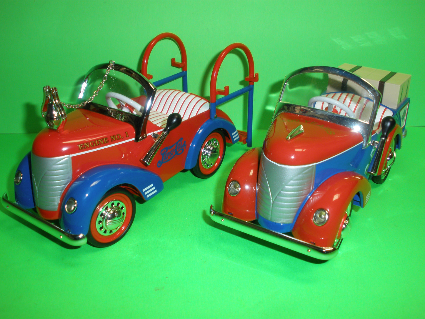 Pepsi Pedal Car Set of 4 - 1948 BMC Tanker, 1940 Gendron Pioneer Wrecker, 1941 Garton Fire Truck & 1941 Garton Package Delivery