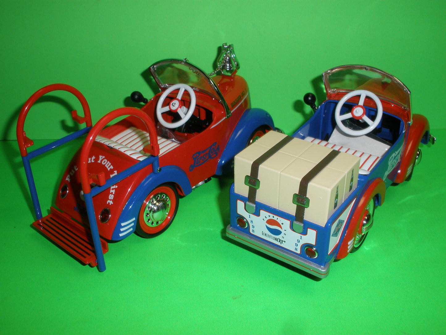 Pepsi Pedal Car Set of 4 - 1948 BMC Tanker, 1940 Gendron Pioneer Wrecker, 1941 Garton Fire Truck & 1941 Garton Package Delivery