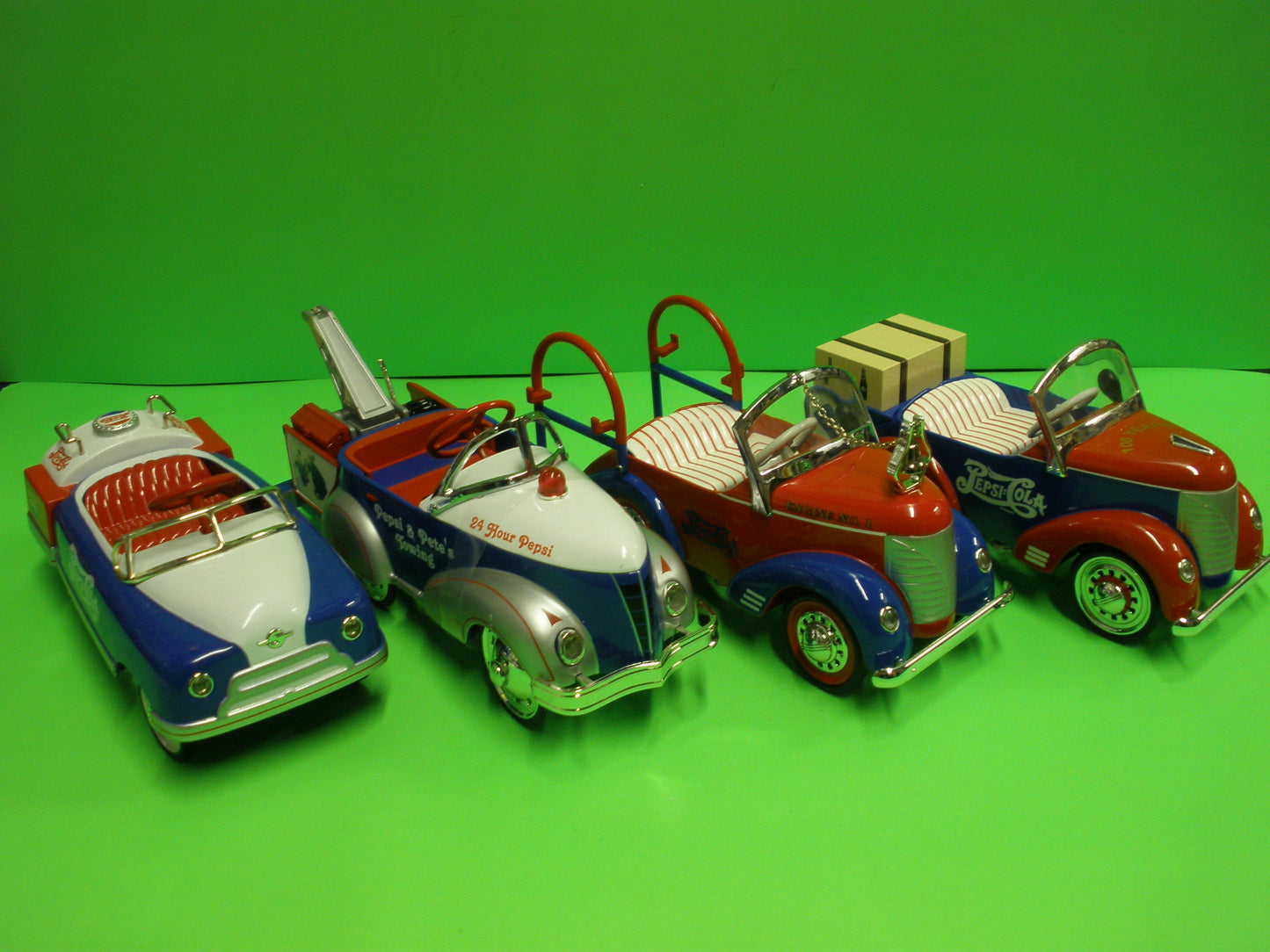 Pepsi Pedal Car Set of 4 - 1948 BMC Tanker, 1940 Gendron Pioneer Wrecker, 1941 Garton Fire Truck & 1941 Garton Package Delivery