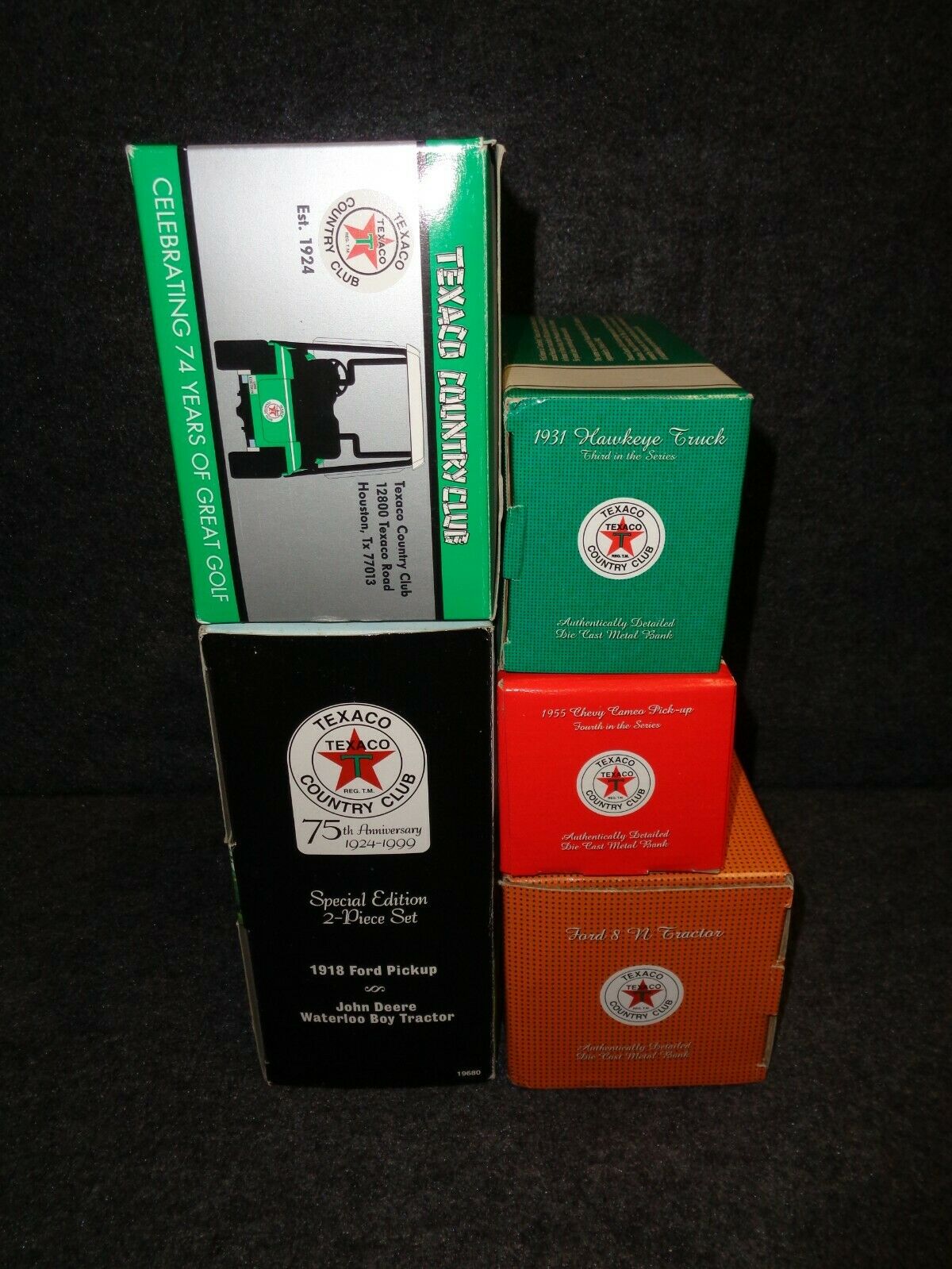 Texaco Country Club Series Set of 5 - 1918 Ford Runabout, Golf Cart, 1931 Hawkeye Stake, 1955 Chevy Cameo & Ford 8 N Tractor