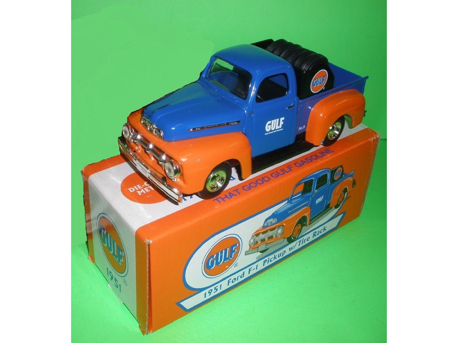 9 Gulf 1951 Ford F 1 Pickup Truck And Tire Rack Load Regular Edition Texaco Toys Plus 6163