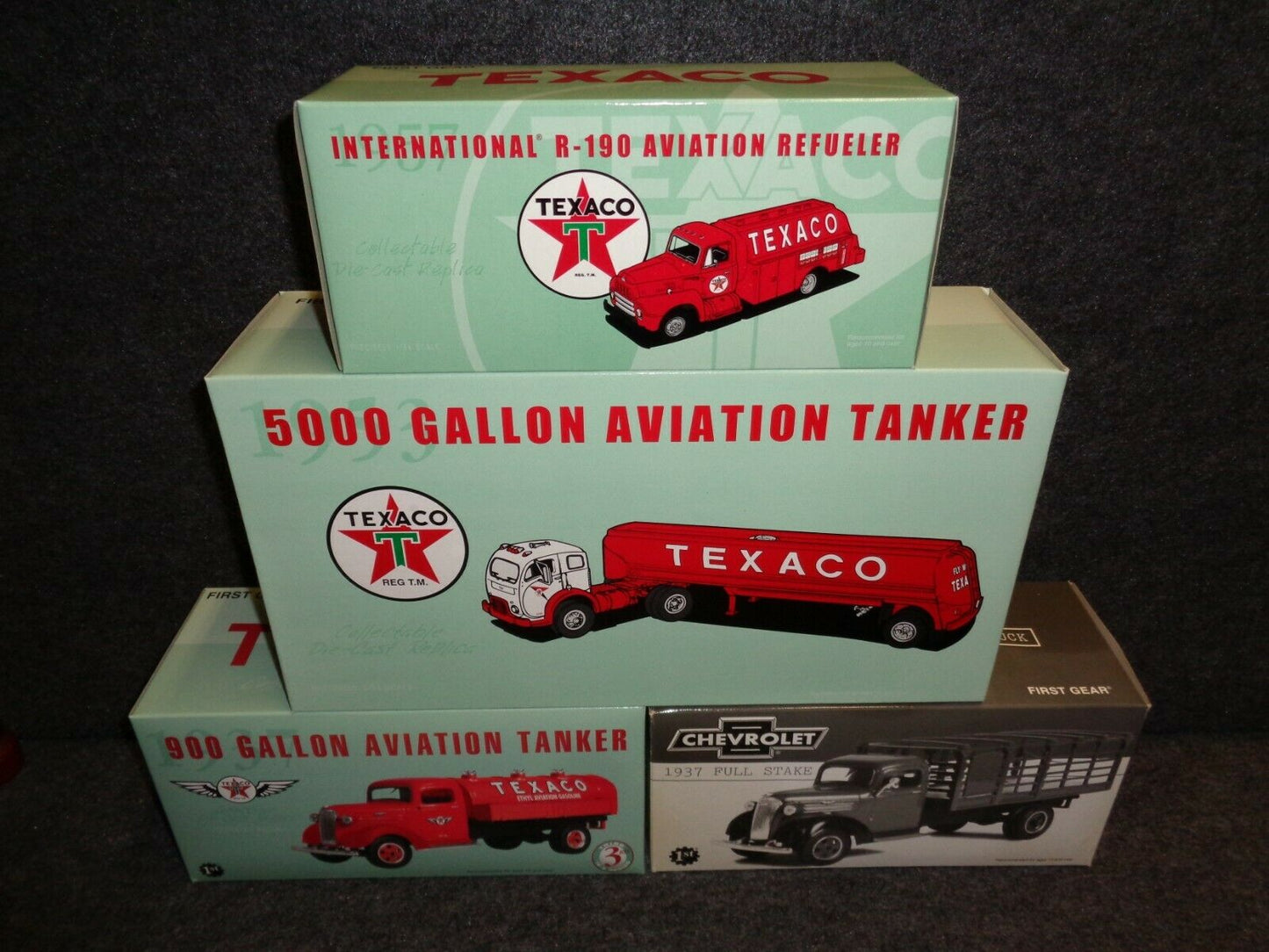 Texaco Aviation Series Set of 4 - 1957 International R-190 Tanker, 1953 White 5000 Gallon Tanker, 1937 Chevrolet Tanker & Stake Bed Truck