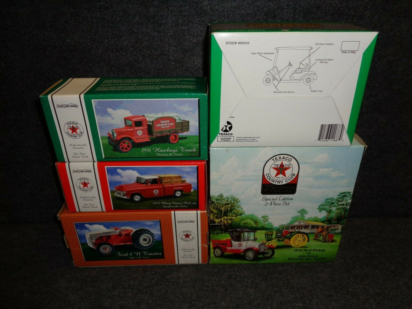 Texaco Country Club Series Set of 5 - 1918 Ford Runabout, Golf Cart, 1931 Hawkeye Stake, 1955 Chevy Cameo & Ford 8 N Tractor