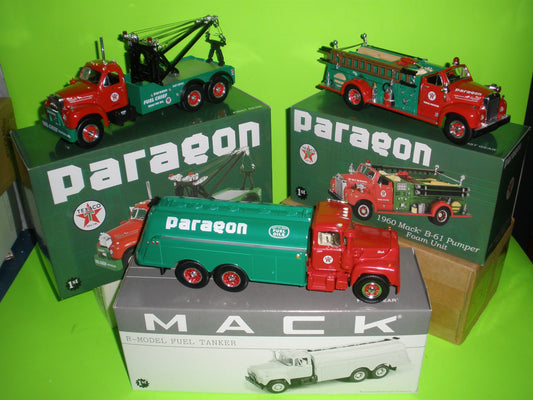 Texaco Paragon Series Set of 3 - 1960's Mack R Model Tanker, 1961 Mack B-61 Wrecker & 1960 Mack B-61 Fire Truck